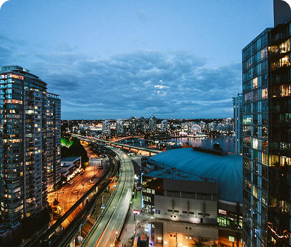 City skyline roads at dusk